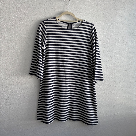 Zara Trafaluc Blue + White Striped Knit Cropped Bell Sleeve Sweater Mini Dress - Picture 1 of 5